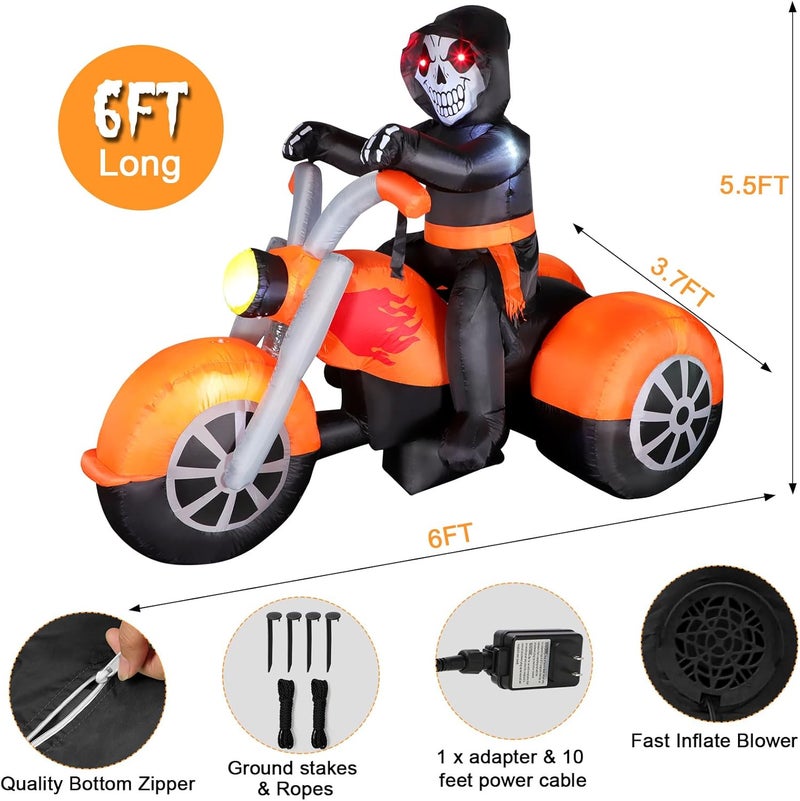 FunFanso 6 FT Halloween Inflatable Skeleton Ghost Riding on Motorcycle Bike, Blow Up Outdoor Decoration Clearance with Built-in LED Lights for Yard Garden Lawn Home Party Decorations - Image 5